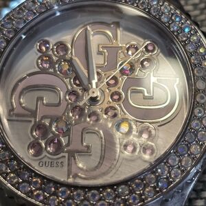 Guess Silver and Pink Crystal Embellished Watch